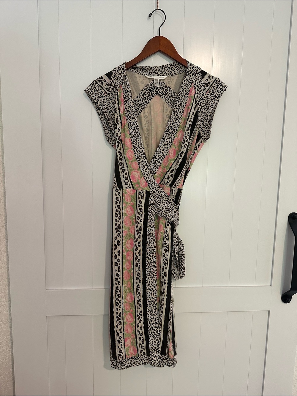 Diane Von Furstenberg Black, Pink & Cream Striped Floral Wrap Dress